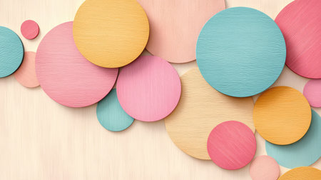 Balanced composition of wood-textured pastel circles in an abstract layout with soft shadowsの素材
