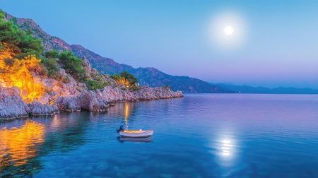 A serene night scene with a full moon above, its light shimmering gently on the surface of the seaの素材