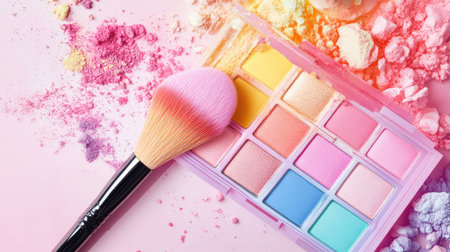 Clean flatlay of pastel eyeshadow palette and fluffy brush with soft lighting and pink tonesの素材