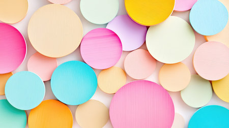 Overlapping pastel wooden circles create a serene, textured backdrop with modern abstract appealの素材