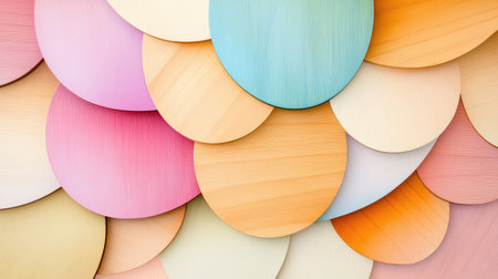 Modern pastel abstract made from layered wooden discs, smooth textures and gentle hues creating harmonyの素材
