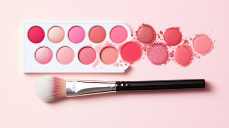 Light pink eyeshadow tones arranged in a minimalist palette with brush resting alongside, on a pastel backdropの素材