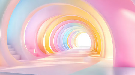 3D pastel arch abstract with curved forms in pink, yellow, and blue tones creating a modern tunnelの素材