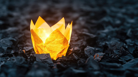 A glowing golden paper stands out among crumpled black sheets, symbolizing innovation and breakthrough ideas in a dark landscapeの素材