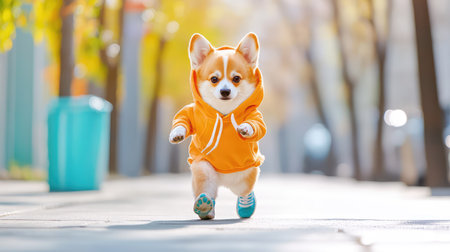 A corgi dressed in a hoodie and sneakers walking on a modern city sidewalkの素材
