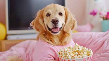 A dog in loungewear watching TV with popcornの素材