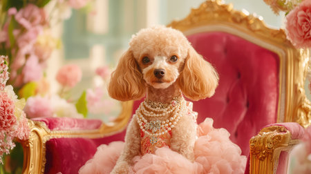 A poodle dressed in a designer dress and pearls, sitting on a velvet chairの素材