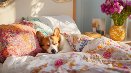 A dog curled up in bed with a stylish blanket and matching nightwearの素材