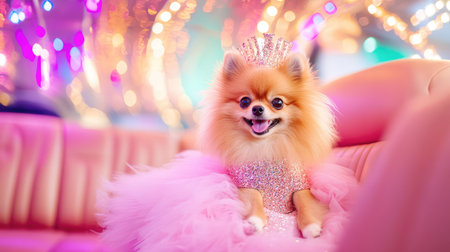 A Pomeranian in a glittery evening gown sitting in a limousineの素材