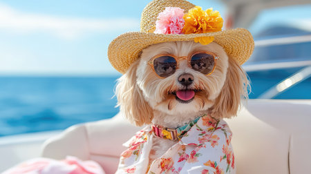 A fashionable dog on a yacht in summer wearの素材