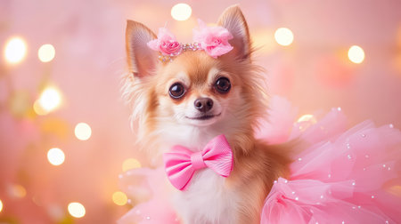 A chihuahua in a pink tutu and bowtie posing under studio lightsの素材