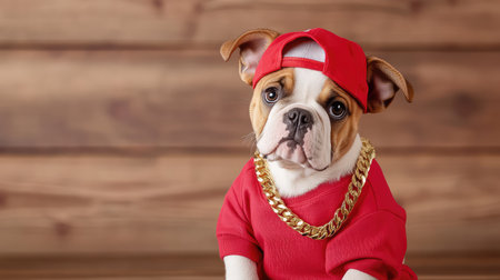 A bulldog in streetwear with gold chains and a snapback hatの素材