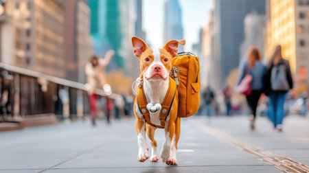 A pit bull with a backpack and wireless earbuds walking in the cityの素材