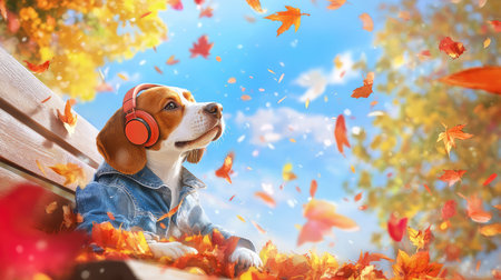 A beagle wearing a denim jacket and retro headphones, lounging on a benchの素材