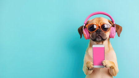 A dog wearing Bluetooth headphones and holding a smartphoneの素材