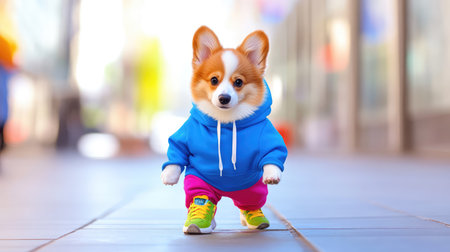 A corgi dressed in a hoodie and sneakers walking on a modern city sidewalkの素材