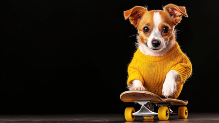 A fashionable dog riding a skateboard in urban attireの素材