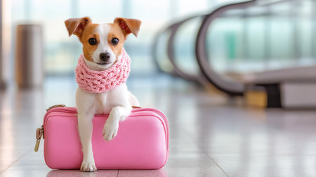 A chic dog at the airport with a carry-on suitcase and neck pillowの素材