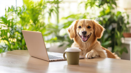 A dog with a laptop and coffee in a home office settingの素材