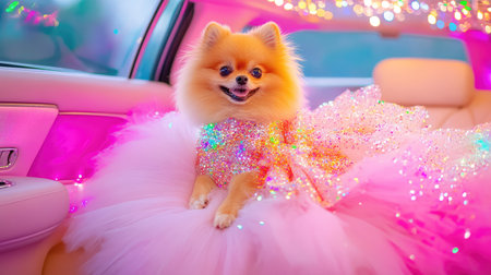 A Pomeranian in a glittery evening gown sitting in a limousineの素材