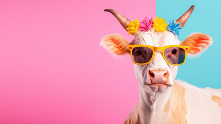 A stylish cow wears sunglasses in this humorous portrait, bold expression and unexpected accessories create a striking imageの素材