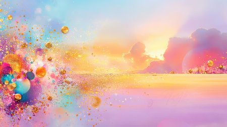 Abstract golden light merges with soft purple and teal fractals, evoking cosmic elegance and radiant surrealism in a dreamlike compositionの素材