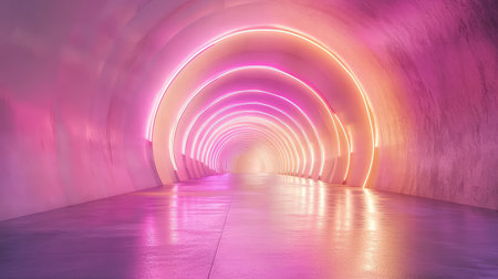 Abstract light trails zooming at high speed through a tunnel, bathed in radiant purple and hot pink neon energyの素材