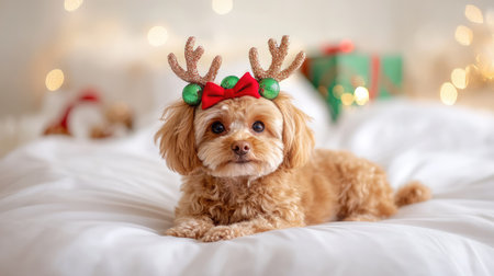Adorable ginger poodle wearing reindeer antlers, posing on a soft, neutral backdrop, bringing holiday charm and cuteness to a Christmas settingの素材