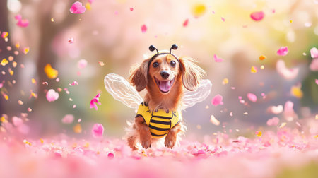 A dachshund in a buzzing bumblebee outfit frolics through blooming petals, spring energy captured in motionの素材