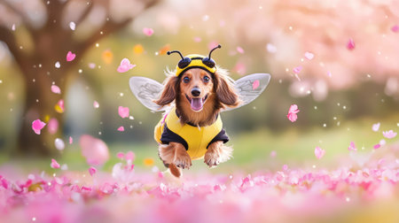 A dachshund in a buzzing bumblebee outfit frolics through blooming petals, spring energy captured in motionの素材