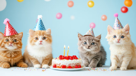Cats in celebratory mode, wearing hats and eyeing a birthday cake, close-up shot with bright blue backdropの素材