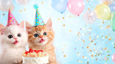 Birthday bash for two cats, wearing caps and sharing a cake, captured in a detailed close-up against a cheerful blue backgroundの素材
