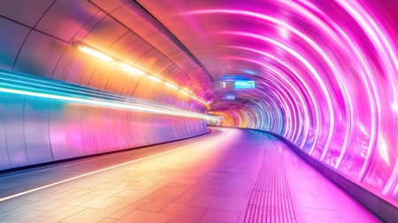 Blazing neon purple and pink light trails rush through a sleek futuristic tunnel, creating a vivid sense of speed and energyの素材