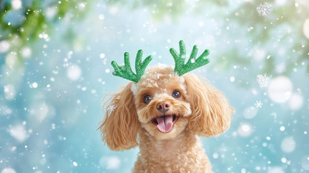 Ginger poodle with green antlers in a studio-lit winter portrait, clean light background for a cheerful seasonal pet photoの素材