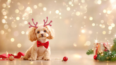 Holiday cheer from a tiny poodle in festive antlers, seated happily on a light, studio-style backdropの素材