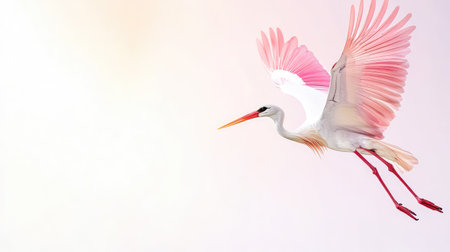 Elegant stork caught mid-takeoff, wings outstretched and feathers detailed against a pure white backgroundの素材