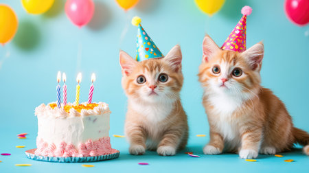 Cats in celebratory mode, wearing hats and eyeing a birthday cake, close-up shot with bright blue backdropの素材