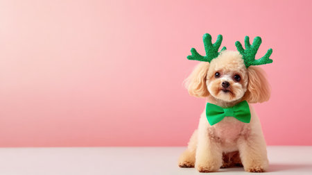 Cute small poodle dressed for the holidays in green antlers, sitting patiently on a clean light-colored surfaceの素材