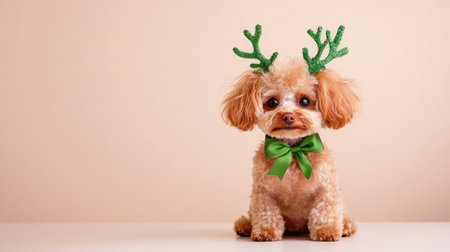 Cute small poodle dressed for the holidays in green antlers, sitting patiently on a clean light-colored surfaceの素材