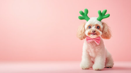 Poodle in playful green reindeer antlers, centered on a minimalist light background for a clean Christmas-themed compositionの素材