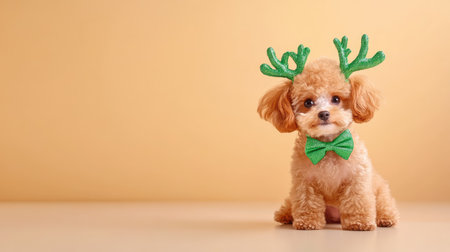 Cute small poodle dressed for the holidays in green antlers, sitting patiently on a clean light-colored surfaceの素材