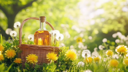 Evocative spring composition with dandelions and vintage bottle in a wicker basket, set amid fresh field foliageの素材