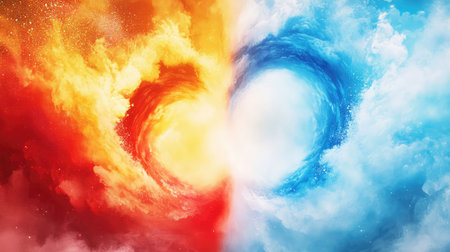 Opposing forces of red and blue stream through a digital vortex tunnel, symbolizing energy, direction, and dualityの素材