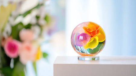 Small glass sphere with colorful core design, displayed on a bright white surface for a clean modern lookの素材