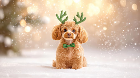 Ginger poodle with green antlers in a studio-lit winter portrait, clean light background for a cheerful seasonal pet photoの素材