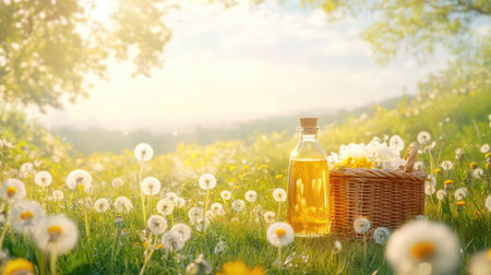 Peaceful field scene with a wicker basket, dandelions, and glass bottle, all bathed in soft springtime sunlightの素材