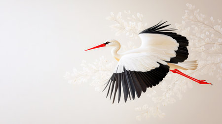 Stunning capture of a stork launching into air, each feather finely detailed against a minimalist white backdropの素材
