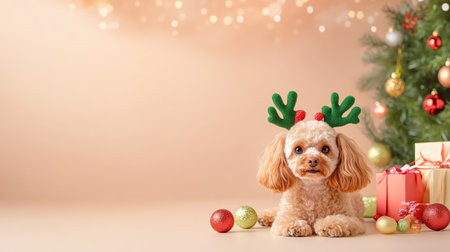 Poodle in playful green reindeer antlers, centered on a minimalist light background for a clean Christmas-themed compositionの素材