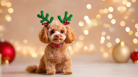 Small ginger poodle in green reindeer antlers sits cheerfully on a light background, a festive scene perfect for holiday-themed pet photographyの素材