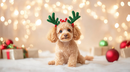 Small ginger poodle in green reindeer antlers sits cheerfully on a light background, a festive scene perfect for holiday-themed pet photographyの素材